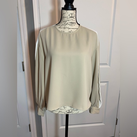 Express Tops - Express Tan Blouse w/ White Striped Long Sleeves & Keyhole Back w/ Button M G